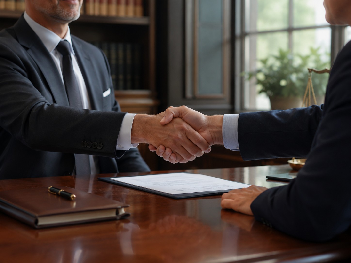 Attorneys shaking hands over a signed agreement